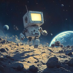 Fototapete - Friendly robot a square body and screen eyes sprinting across the Moon's cratered surface with lunar lander and rover in the background Earth glowing in the distance illuminated by harsh moonlight