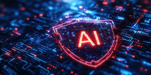 Aufkleber - Futuristic AI Security Concept with Neon Shield on Digital Circuit Background Representing Advanced Technology and Cyber Protection