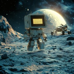 Poster - Friendly robot a square body and screen eyes sprinting across the Moon's cratered surface with lunar lander and rover in the background Earth glowing in the distance illuminated by harsh moonlight