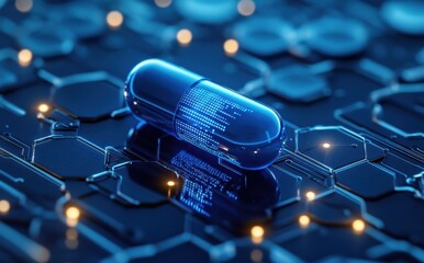 Poster - Futuristic Blue Capsule on Abstract Circuit Background with Glowing Elements and Digital Patterns for Health or Technology Concepts