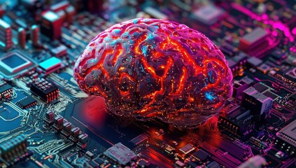 Poster - Futuristic Brain Design Integrated with a Circuit Board in Vibrant Colors Representing Artificial Intelligence and Technology Concepts