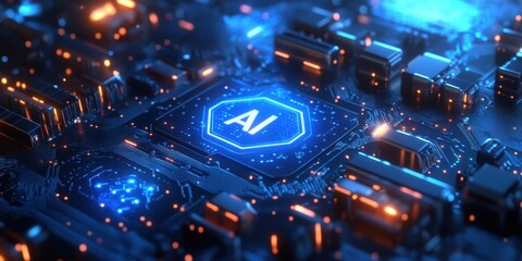 Poster - Futuristic Circuit Board Close-up Featuring Artificial Intelligence Chip Surrounded by Glowing Components and Neon Lights in a High-Tech Environment