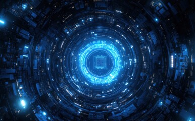 Poster - Futuristic Circular Technology Design with Bright Blue Lights and Radiating Geometric Patterns Ideal for Digital Abstract Backgrounds