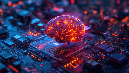 Poster - Futuristic concept of artificial intelligence represented by a glowing brain on a circuit board with intricate details and vibrant colors
