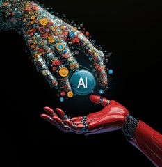 Poster - Futuristic Concept of Artificial Intelligence with Hands Representing Human and Machine Interaction and Digital Elements, Symbolizing Technology and Innovation