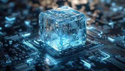 Fototapete - Futuristic Concept of Ice Cube on Circuit Board, Symbolizing Technology, Innovation, and Digital Artistry in a Glowing Cyber Environment