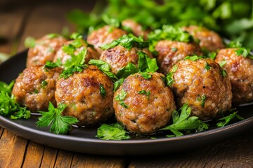 Wall Mural - Juicy meatballs, parsley garnish, wooden table, rustic kitchen, food photography