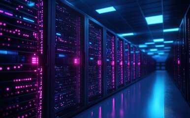 Poster - Futuristic Data Center with Glowing Servers and Neon Lights Reflecting on the Floor, Creating an Atmosphere of Advanced Technology and Digital Innovation