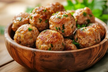 Wall Mural - Pan-fried meatballs, wooden bowl, rustic table, herbs, food photography