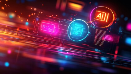 Poster - Futuristic Data Visualization with Colorful Neon Lights and Digital Interface Elements Showcasing Technology and Innovation in Modern Communication