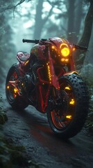Fototapete - Futuristic motocross bike dragoninspired red and yellow design on a misty forest path The bikes glowing eyes and elaborate details reflect agility and strength in a mysterious environment