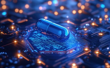 Poster - Futuristic digital capsule on a circuit board with glowing lights representing technology and innovation in the pharmaceutical industry