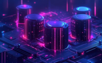 Aufkleber - Futuristic Digital Cityscape with Neon Lights, Advanced Technology, Cyber Landscape, Data Storage, Virtual Reality Interfaces, Abstract Digital Art Concept