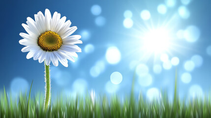 Wall Mural - White daisy in sunlight with blue bokeh background