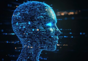 Poster - Futuristic digital human head made of glowing binary code against a dark background representing artificial intelligence and advanced technology concepts