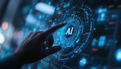 Poster - Futuristic Digital Interface with AI Concept Displayed on Touchscreen in High-Tech Environment, Representing Innovation and Technology Advancement