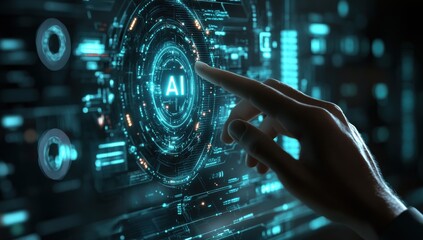 Aufkleber - Futuristic Digital Interface with AI Technology Concept, Hand Interacting with Virtual Display of Artificial Intelligence System and Data Visualization