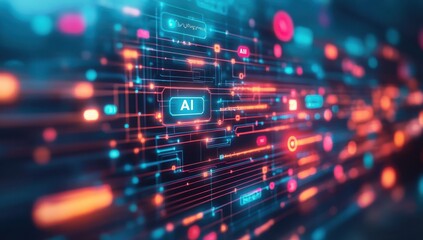 Poster - Futuristic Digital Interface with AI Technology Representations, Colorful Glowing Lines, Data Connections, and Abstract Patterns in High-Tech Background