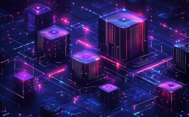 Poster - Futuristic Digital Landscape with Glowing Cubes and Neon Light Patterns in a High-Tech Environment Ideal for Technology and Innovation Themes