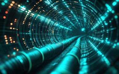 Poster - Futuristic Digital Tunnel with Neon Lights and Data Streams Representing Technology and Innovation in a Virtual Reality Environment