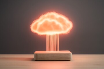 Fototapete - Glowing Cloud Data Stream on Wooden Block, Abstract Digital Technology Concept