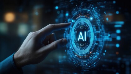 Aufkleber - Futuristic Hand Touching Artificial Intelligence Interface with Digital Elements and Data Visualization Background in a Tech-Inspired Environment