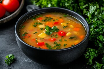 Wall Mural - Hearty vegetable soup bowl, dark background, fresh herbs