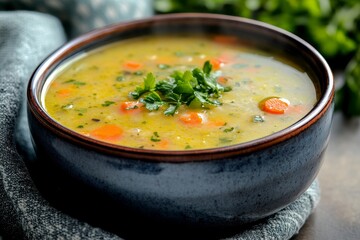 Wall Mural - Steaming vegetable soup bowl, kitchen setting, food photography, recipe website