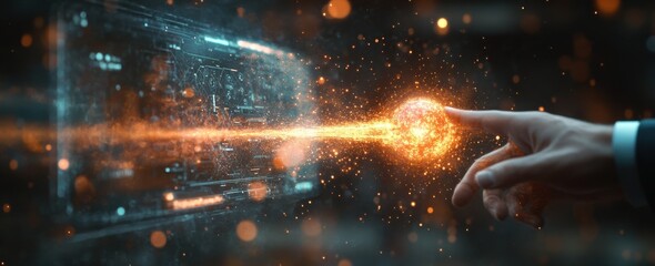 Poster - Futuristic Human Interaction with Holographic Technology, Energy Ball, Interactive Display, Virtual Reality, Digital Connection, Sci-Fi Concept