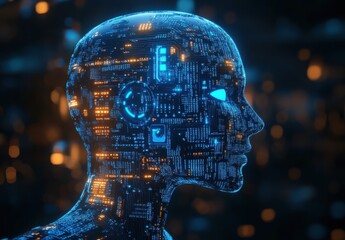 Poster - Futuristic humanoid figure with digital circuitry glowing in blue and orange tones, representing the integration of technology and human-like forms