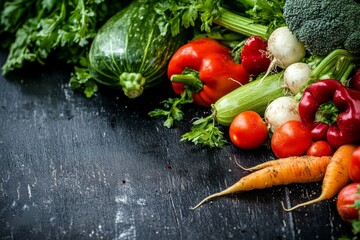 Wall Mural - Fresh garden vegetables on dark wood, cooking background