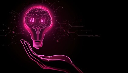 Poster - Futuristic Illustration of a Human Hand Holding a Creative Light Bulb Representing Artificial Intelligence and Neural Connection in Bright Neon Colors