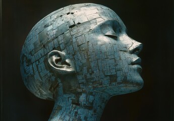 Poster - Futuristic humanoid sculpture with a digital aesthetic, showcasing a head comprised of metallic textures and intricate pixel-like patterns against a dark background