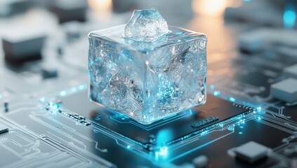 Aufkleber - Futuristic Ice Cube on Circuit Board, Representing Technology and Cooling Concept in Digital Space with Luminescent Elements