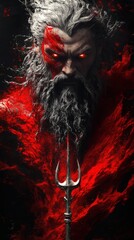 Poster - Highresolution 3D artwork of Poseidon rising sea created dripping red and silver paint splashes His bright angry eyes and shimmering silver trident stand out on a black backdrop with glowing light