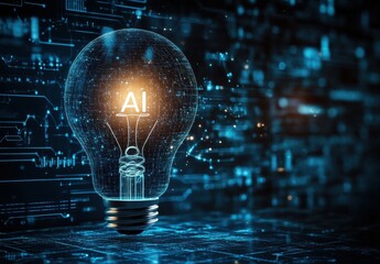 Poster - Futuristic Light Bulb Representing Artificial Intelligence with Digital Circuitry Background in a Technological Concept Design