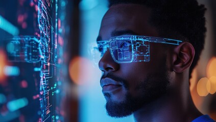 Aufkleber - Futuristic male character wearing smart glasses, engaged in digital interface visualization, exploring data and technology in a modern environment