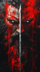 Fototapete - Highresolution 3D artwork of Poseidon rising sea created dripping red and silver paint splashes His bright angry eyes and shimmering silver trident stand out on a black backdrop with glowing light