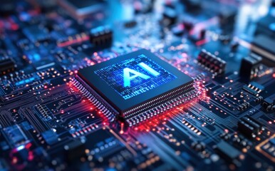 Poster - Futuristic Microchip with AI Processing Power Surrounded by Neon Circuitry in a High-Tech Digital Environment