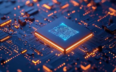 Poster - Futuristic Microchip with Glowing Circuitry and Digital Pattern on a Dark Background Representing Advanced Technology and Innovation Concepts