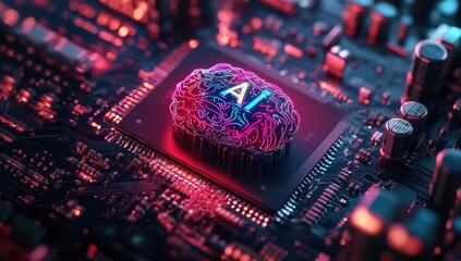Poster - Futuristic microchip with vibrant glowing AI brain design on a digital circuit board showcasing innovation in technology and artificial intelligence systems