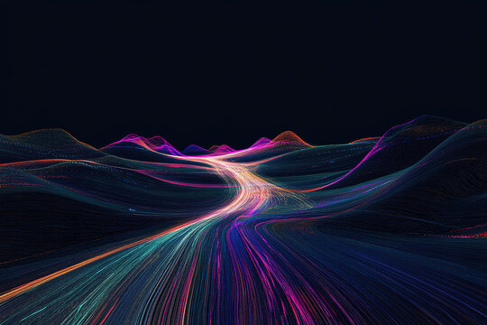 Striking minimalist visual of vibrant data streams twisting through a dark landscape