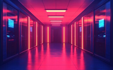 Poster - Futuristic Neon Hallway with Illuminated Panels and Glossy Floor Reflecting Light in a Modern Server Room Environment