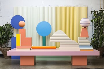 Poster - Abstract Geometric Still Life with Pastel Colors and Plants