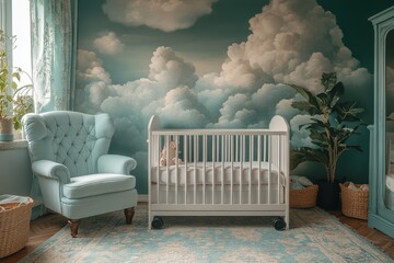 Wall Mural - White wooden crib with black casters in a serene nursery room, featuring a light blue armchair, plant pot, and cloud-themed wallpaper.