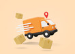 © Khomkrid - 3D vector render illustration of an icon of a delivery truck running at high speed with parcel boxes floating around. Shipping of multiple items Coordinate pins convey precise delivery to the location