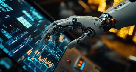 Aufkleber - Futuristic Robot Hand Interacting with Advanced Digital Interface in High-Tech Environment with Data Visualizations and Glowing Controls