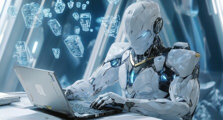 Poster - Futuristic Robot Working on Laptop in High-Tech Environment, Digital Display of Data and Holograms, Concept of Artificial Intelligence and Innovation