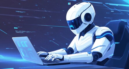 Poster - Futuristic Robot Working on Laptop with Digital Interface in a High-Tech Environment for Technology and Innovation Themes