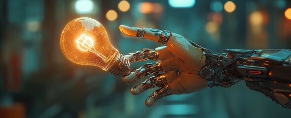 Poster - Futuristic robotic hand holding glowing light bulb in advanced technology environment, symbolizing innovation, creativity, and future possibilities